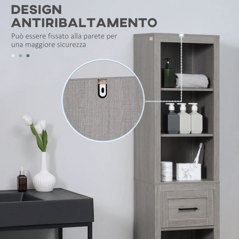 kleankin Colonna Bagno in Truciolato con 5 Ripiani Aperti e un Cassetto, 42x30x170 cm, Grigio