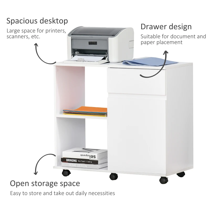HOMCOM Filing Cabinet, Printer Stand with Open Storage Shelves and Drawer for Home Office, 80cm x 40cm x 73cm, White