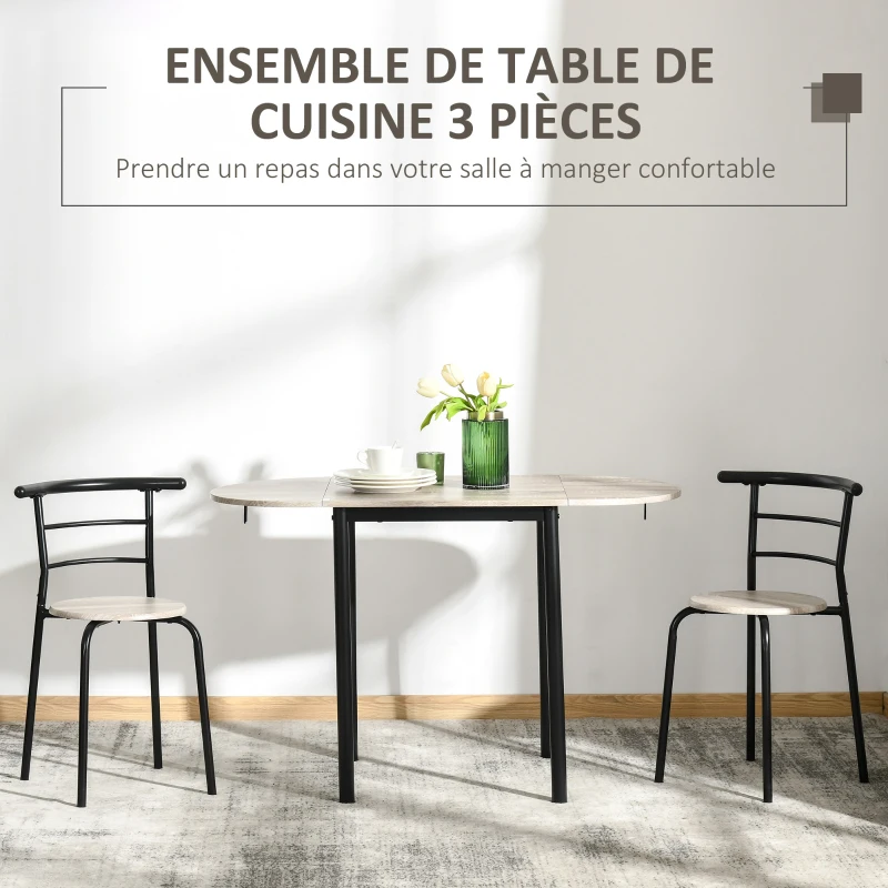 HOMCOM Ensemble table ovale extensible et 2 chaises - table à rabats - métal et MDF - noir et naturel