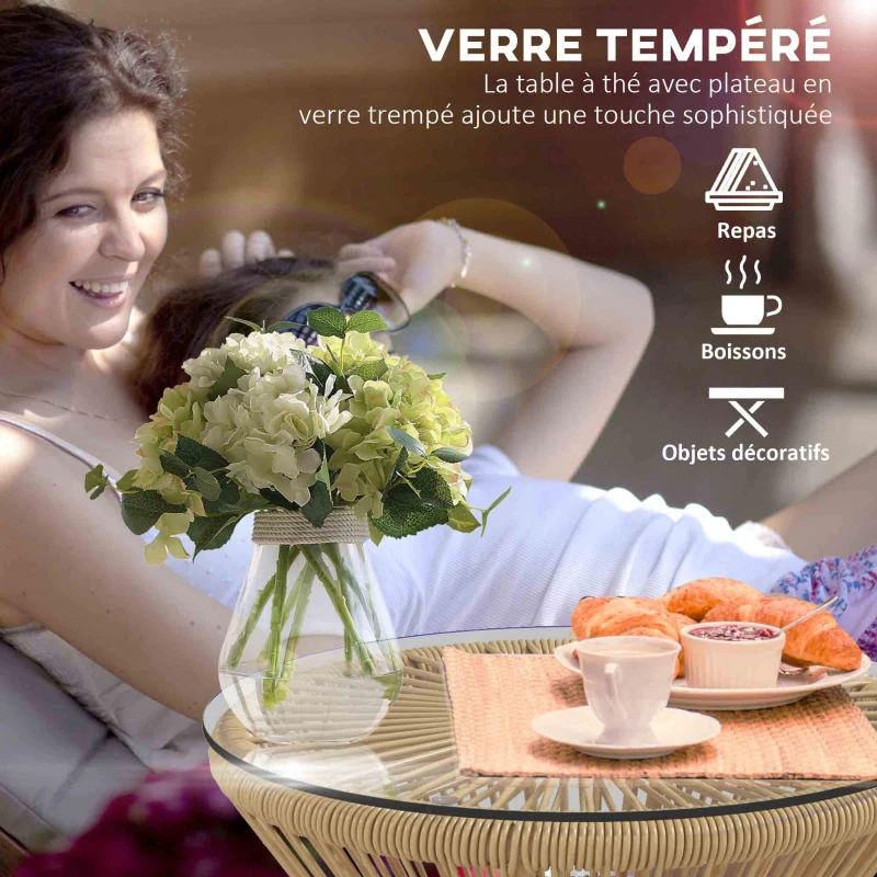 Outsunny Table de jardin ronde en résine tressée imitation rotin table de bistrot métal plateau verre trempé Ø 40 x 42 cm beige