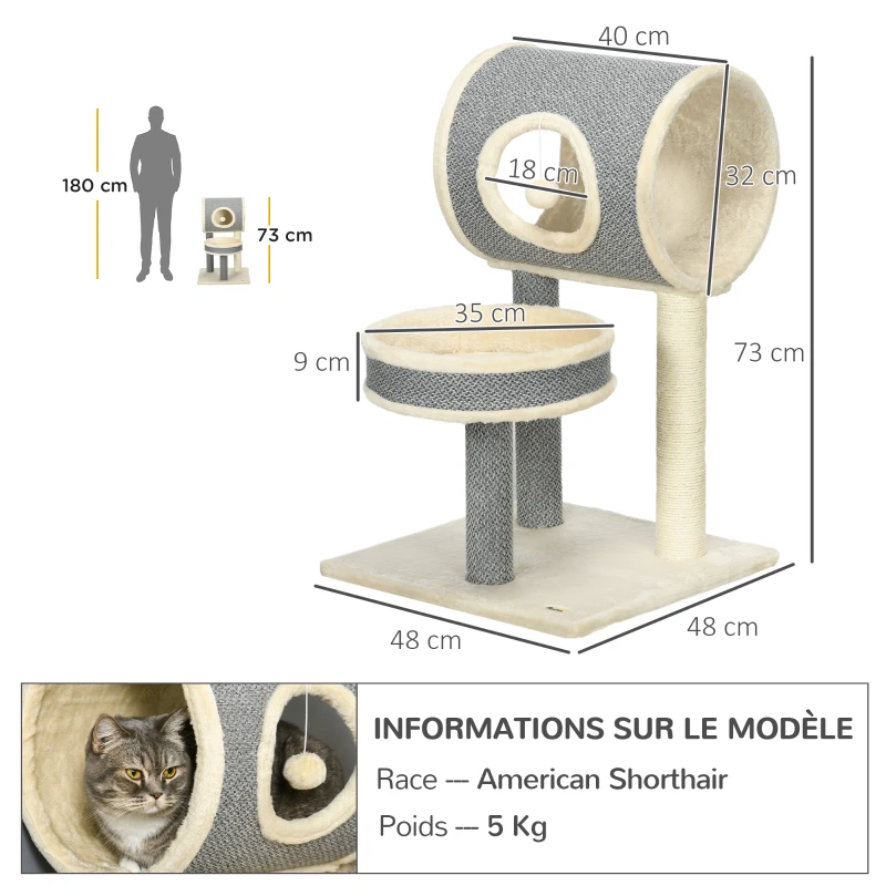 PawHut Arbre à chats avec griffoir arbre à gratter en sisal tunnel panier en peluche doux structure en bois 48L x 48l x 73H cm