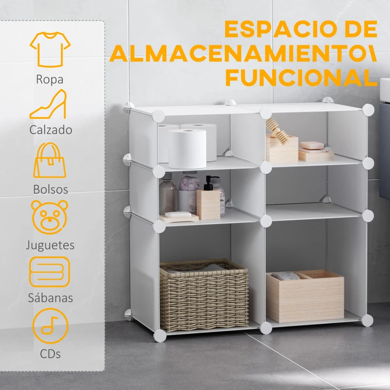 HOMCOM Armario Modular Plástico Estantería 6 Cubos Ropero Zapatero Aparador Combinado Pegatinas Adhesivas Decorativas Ropero Zapatero Combinado Mueble Organizador Ropa Zapatos Accesorios Juguetes