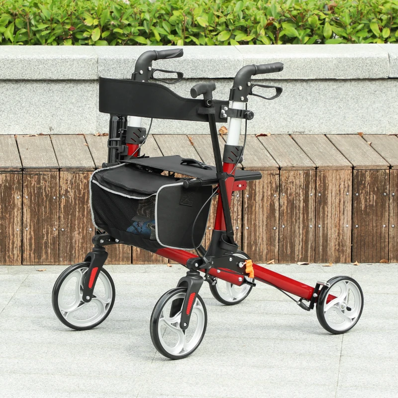 HOMCOM 88.5-106cm Aluminium Frame Rollator Walker, with Brakes - Red