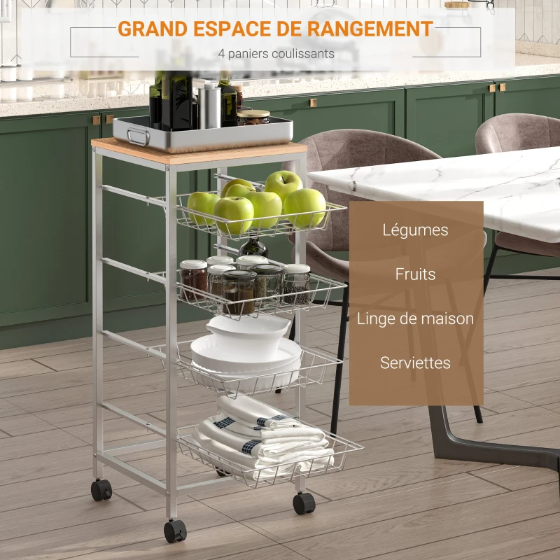HOMCOM Chariot de service desserte à roulettes multi-rangements 4 tiroirs acier MDF chêne clair