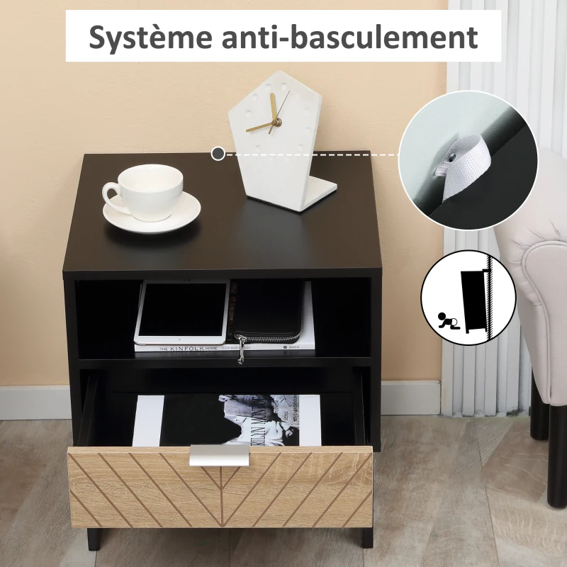 HOMCOM Table de chevet table de nuit style industriel tiroir niche piètement métal aspect bois de chêne sculpté à chevrons noir