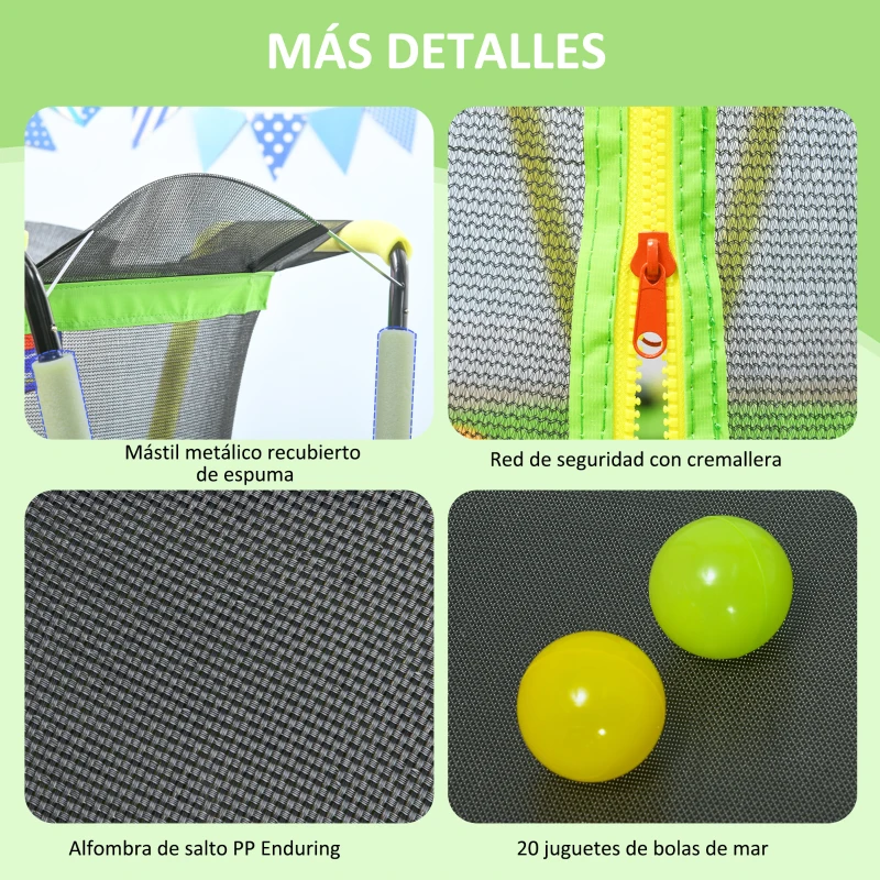 ZONEKIZ Cama Elástica Infantil Ø140 cm con Red de Seguridad Canasta de Baloncesto y 20 Bolas de Plástico Verde