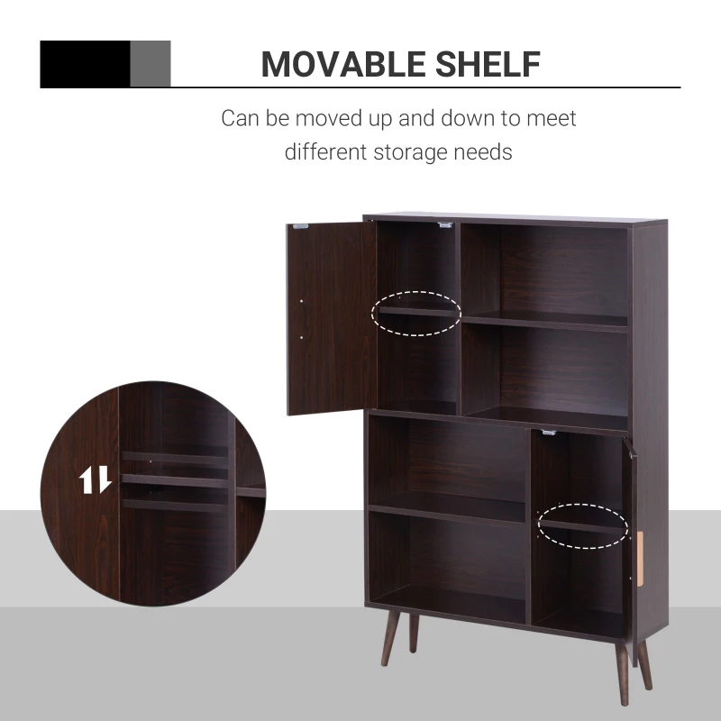 HOMCOM Sideboard Bookshelf Free Standing Bookcase Shelves Unit Display Storage Cabinet w/ Adjustable Shelves, Wooden Leg, Two Doors, Walnut