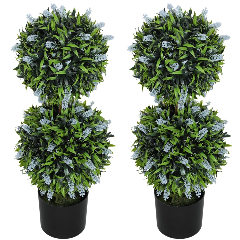 HOMCOM Set of 2 Decorative Artificial Plants Ball Trees with Lavender Flowers in Pot Fake Plants for Home Indoor Outdoor Decor, 70cm, Blue