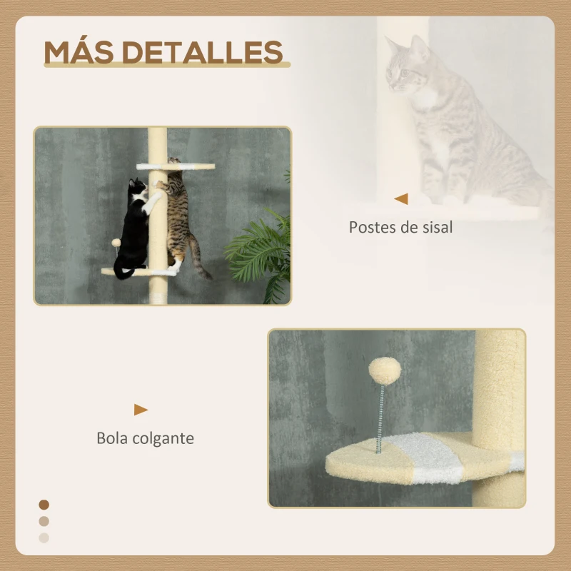 PawHut Árbol para Gatos de Suelo a Techo con Altura Ajustable  Poste de Sisal y Bola para Jugar 47x34x220-260 cm Crema