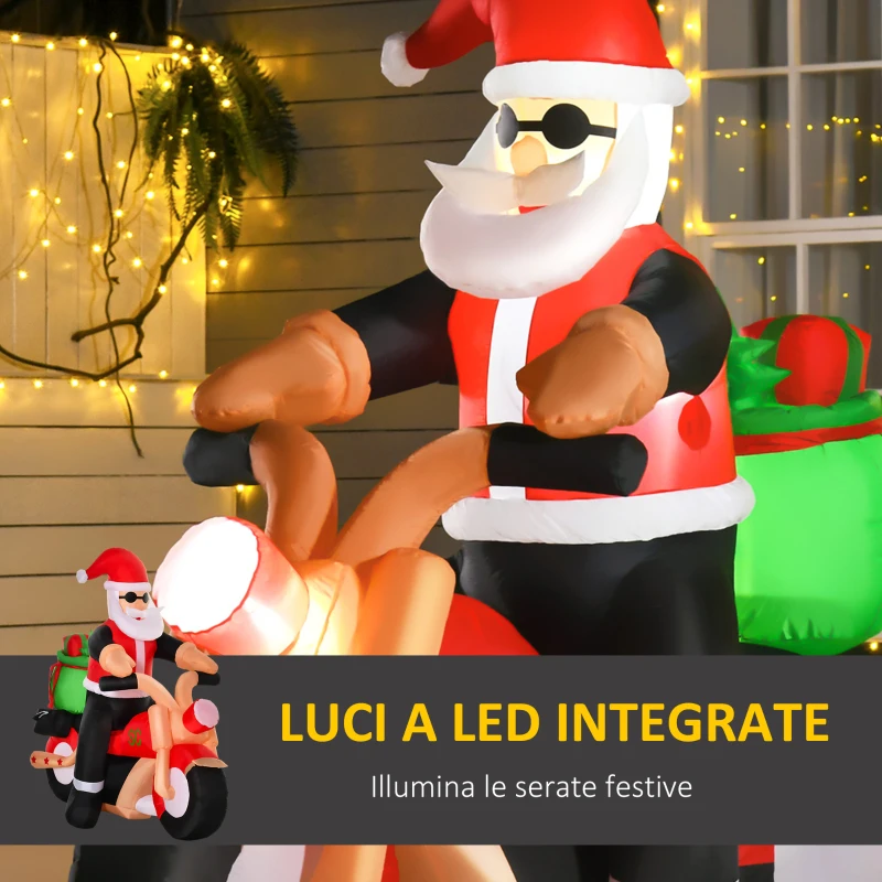 HOMCOM Babbo Natale Gonfiabile su Motocicletta 165cm con Luci LED Integrate, Decorazione Natalizia da Esterno
