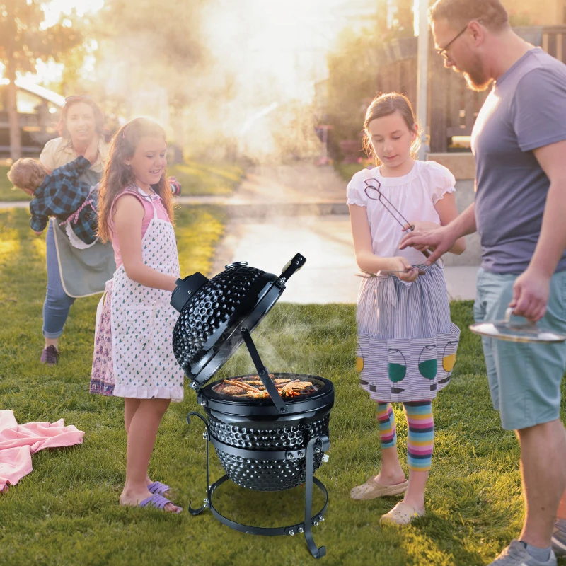 Outsunny Barbecue à Charbon BBQ Grill fumoir sur Pieds Design Contemporain Olive Acier céramique martelé Noir