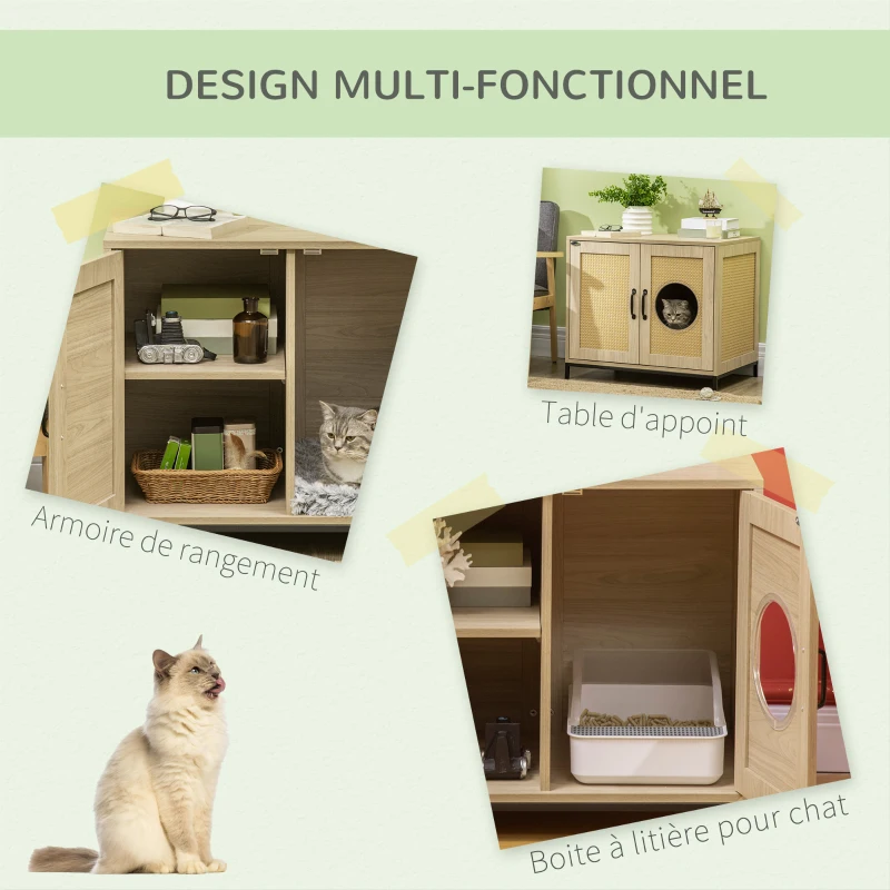 PawHut Meuble maison de toilette pour chat 2 en 1 niche cabane pour chat meuble cache litière chat avec double porte châssis Acier Panneaux Particules Aspect Bois Clair