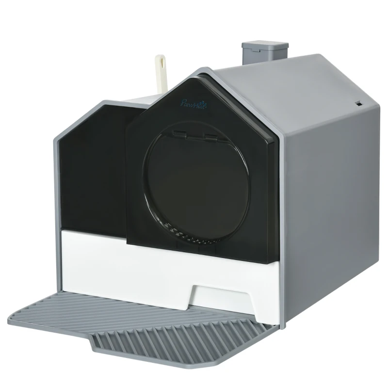 PawHut Maison de toilette bac à litière pour chat design maisonnette avec pelle, filtre et tapis dim. 47L x 45l x 42H cm