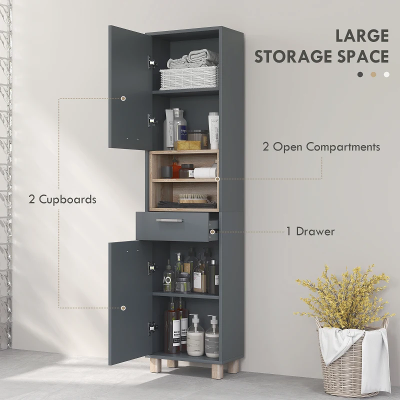 HOMCOM Tall Modern Bathroom Storage Cabinet - Grey