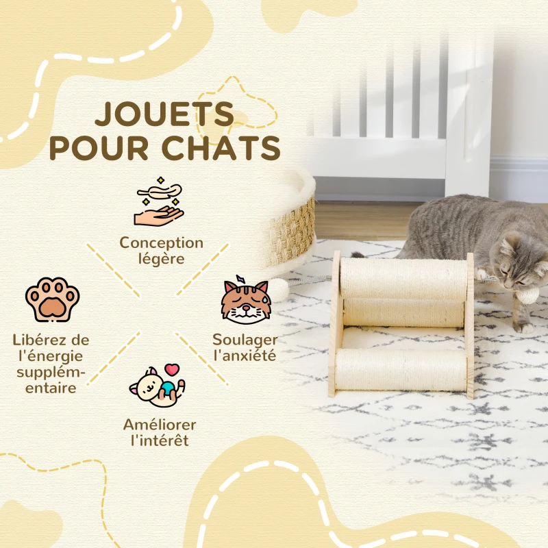 PawHut Griffoir grattoir pour chat 3 rouleaux sisal et 2 pompons sur ressort 40 x 27,5 x 21 cm bois et sisal