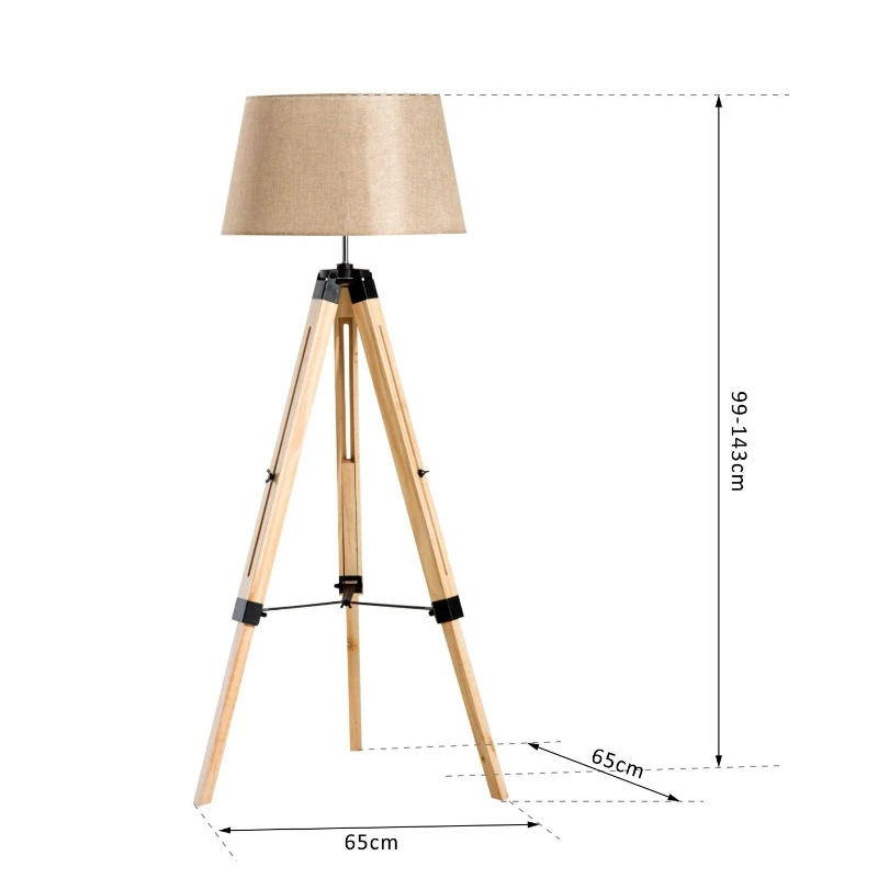 HOMCOM Lámpara de Pie Moderna con Trípode Altura Ajustable 65x65x99-143cm 40W E27 de Madera y Pantalla de Tela Lino