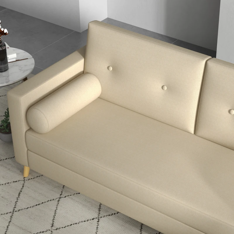 HOMCOM Canapé 3 places 180 cm style scandinave 2 petits coussins supplémentaires piètement bois revêtement tissu blanc crème