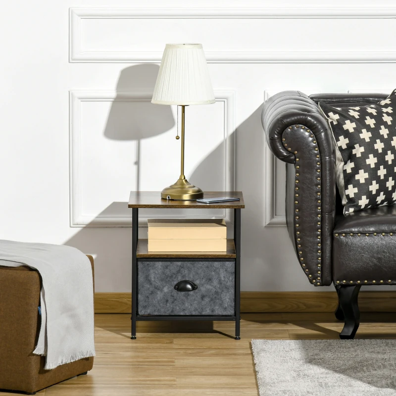 HOMCOM Bedside Table, Nightstand with Non-Woven Fabric Drawer, Side Table, End Table for Living room, Bedroom, Rustic Brown