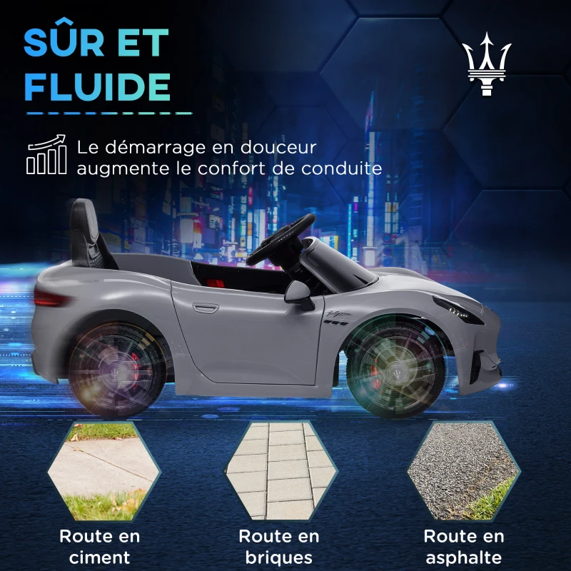 AIYAPLAY Voiture électrique pour enfants sous licence Maserati Gran Turismo Folgore, 12V avec télécommande, de 3 à 5 ans, gris