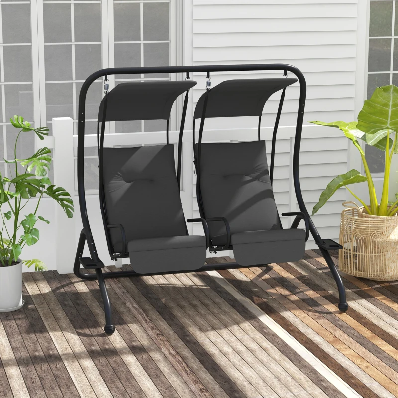 Outsunny Balancelle de Jardin 2 Places indépendantes 2 tablettes Supports Coussins Assise Dossier Grand Confort