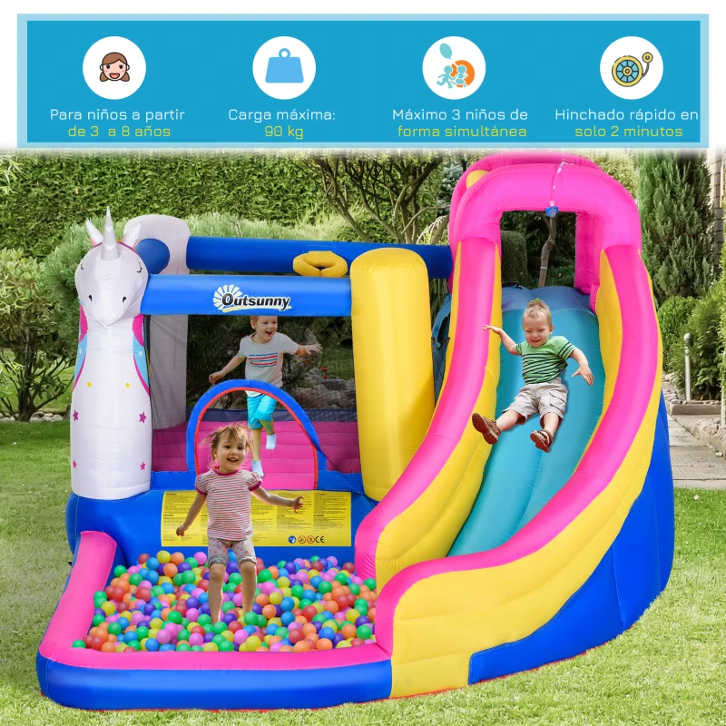 Outsunny Castillo Inflable Infantil en Forma de Unicornio con Tobogán Piscina Cama de Salto Inflador 360x305x210 cm Multicolor