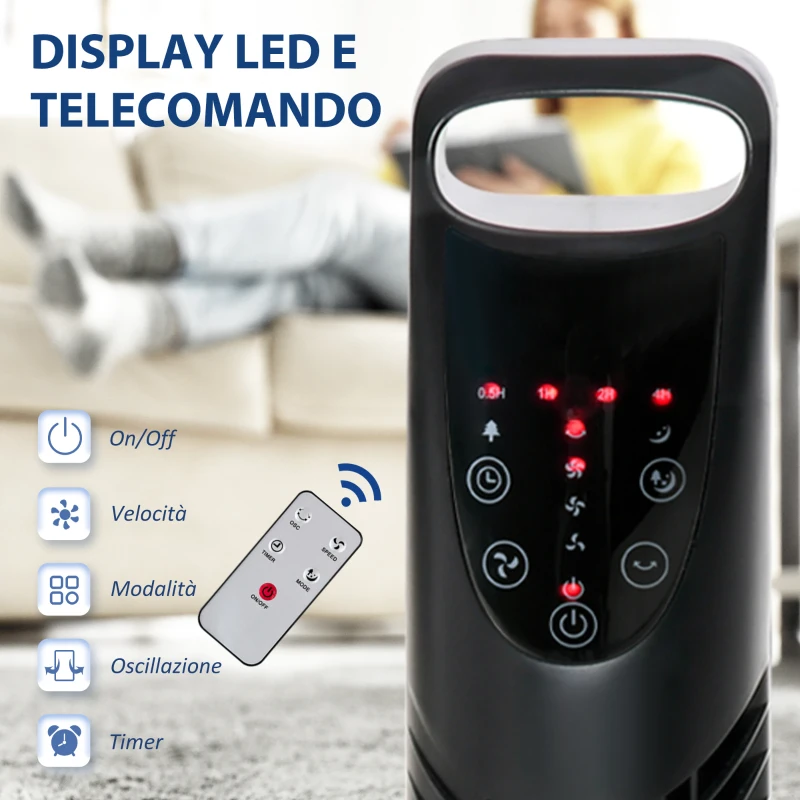 HOMCOM Ventilatore a Colonna con Telecomando fino a 5m, Oscillante 70° con 3 Modalità e 3 Velocità, Timer 7.5h, 40W Nero, Ф18x78.5cm