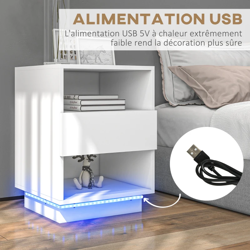 HOMCOM Table de chevet table de nuit LED tiroir niches plateau 40 x 40 x 55 cm blanc brillant laqué
