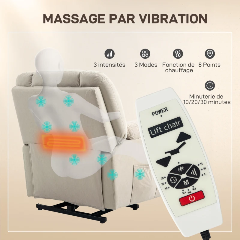HOMCOM Fauteuil releveur électrique avec fonction massage et chauffage avec dossier inclinable, ports USB, télécommande, beige(m-5)