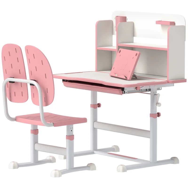 AIYAPLAY Height Adjustable Kids Desk and Chair Set, Children School Study Desk with Tiltable Desktop, Reading Rack,  Pink