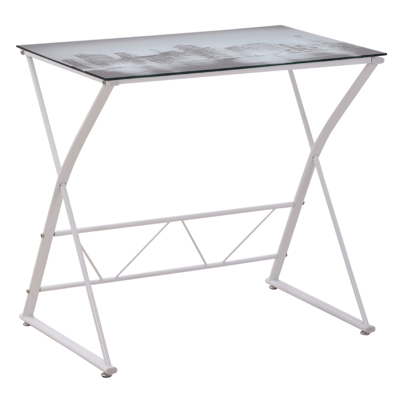 HOMCOM Bureau Informatique Design Contemporain Plateau Verre trempé décor New-York châssis métal Blanc