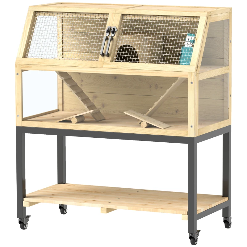 PawHut Wooden Hamster Cage with Storage Shelf, Wheels, Ramps, Water Bottle, Hut, Seesaws