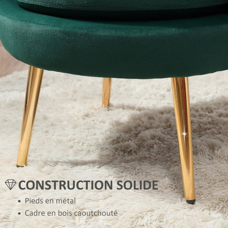HOMCOM Fauteuil salon fauteuil en velours fauteuil coquillage avec pieds en métal doré pour chambre à coucher, vert foncé