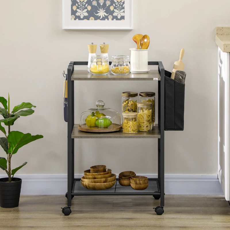 HOMCOM Carrito Auxiliar con Ruedas de 3 Niveles con Bolsa de Tela y 2 Ganchos para Salón Cocina Comedor 66x40x80,5 cm Gris