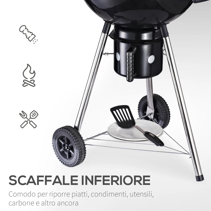 Outsunny Barbecue in Ghisa con 2 Ruote e 2 Griglie | Coperchio con Termometro, Valvola e Ripiano Inferiore | 50x63x94cm