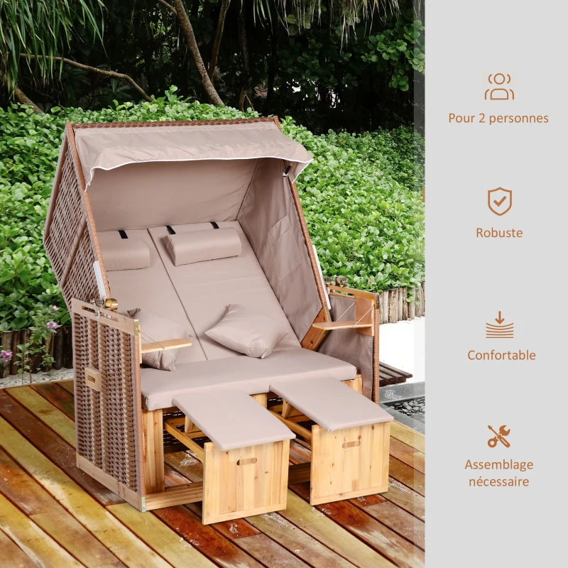 Outsunny Corbeille de plage 2 places - Cabine chaise de plage inclinable - abri plage strandkorb - coussins, repose-pieds, tablettes, pare-soleil - bois résine tressée polyester taupe