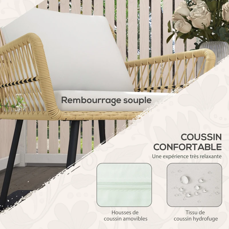 Outsunny Ensemble salon de jardin 4 pièces canapé 2 places 2 fauteuils avec 7 coussins 1 table basse ronde, résine tressée