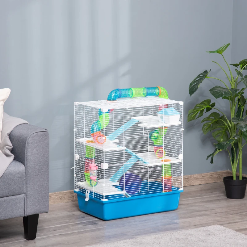 PawHut 5 Tier Hamster Cage, Gerbil Cage with Tube, Water Bottle, Exercise Wheel, Food Dish, 59L x 36W x 69H cm - Blue