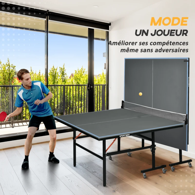 SPORTNOW Table de tennis de table pliable compacte avec 8 roulettes pour intérieur et extérieur 274 x 152,5 x 76 cm gris