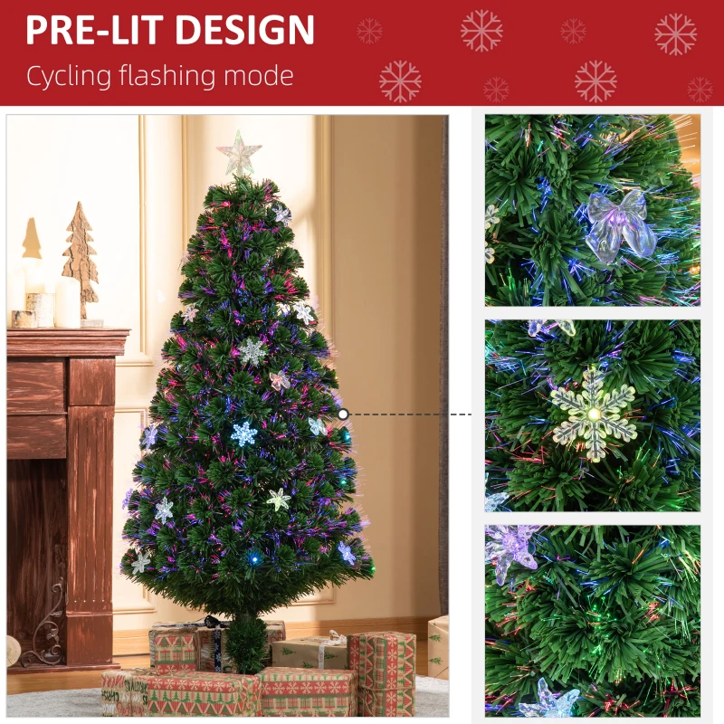 HOMCOM 5FT Prelit Artificial Christmas Tree Fiber Optic LED Light Holiday Home Xmas Decoration Tree with Foldable Feet, Green