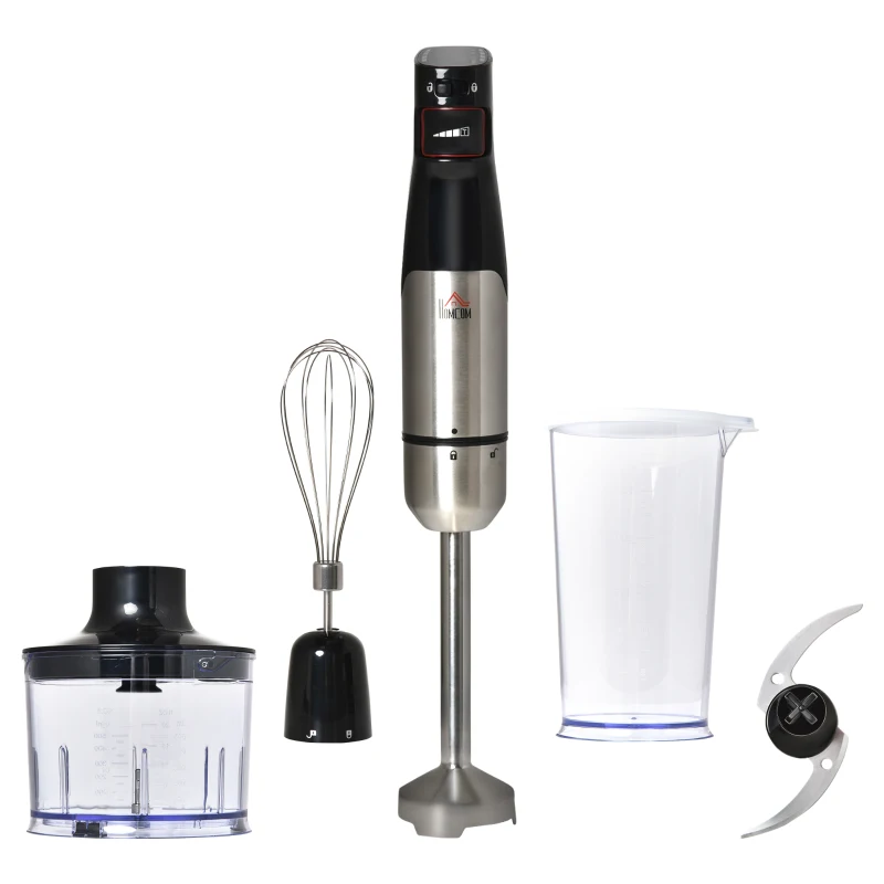 HOMCOM Immersion Hand Blender 1000W, 4 In 1 Stepless Speed Control Handheld Stick Blender with Measuring Cup, Egg Whisk, Chopper Bowl, Blender for Smoothies, Baby Food, Juices, Chopped Vegetables