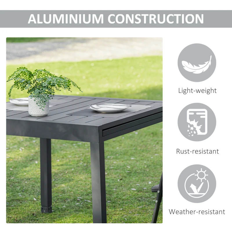 Outsunny Extendable Dining Table Outdoor Slat Table for 4-6 Person Rectangular Lawn Garden Bistro Patio Table with Aluminium Frame, 90-180cm x 90cm x 73cm, Grey