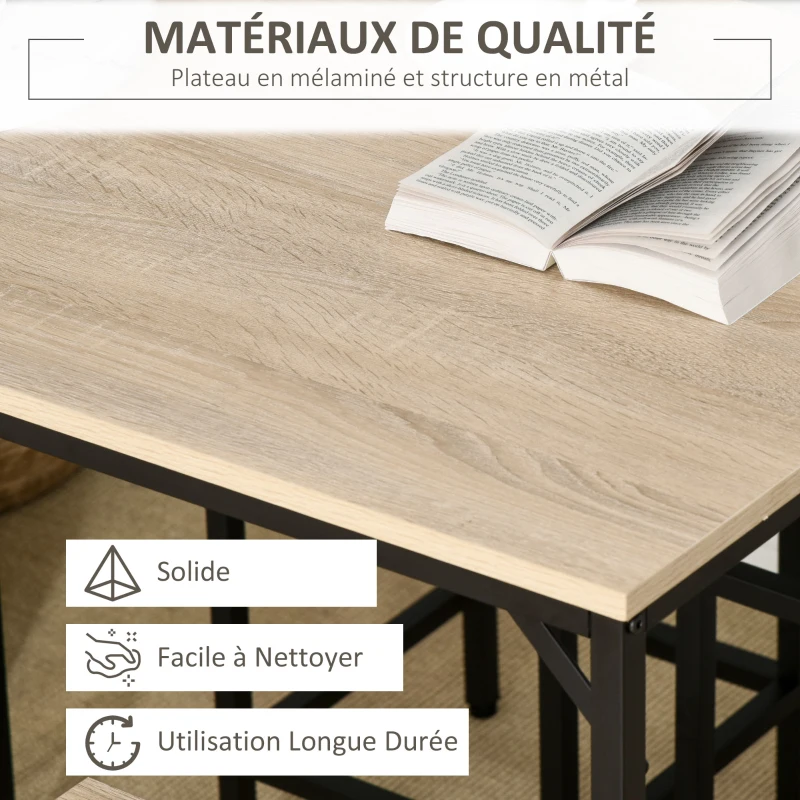 HOMCOM Ensemble Table de Bar Industriel + 4 tabourets Repose-Pieds en Bois couleur Chêne Clair Cadre en métal Noir