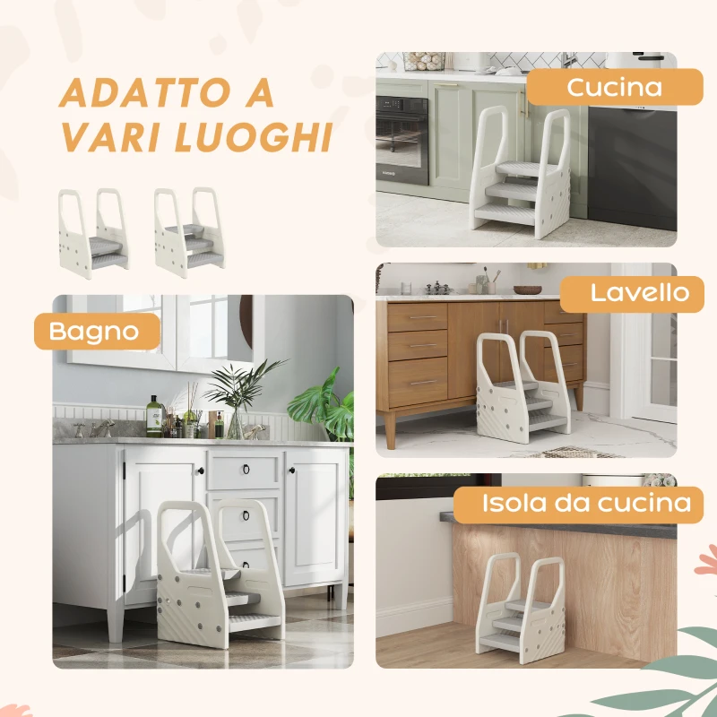 AIYAPLAY Sgabello per Bambini 2-5 Anni a 3 Gradini in HDPE, 43x42x65.5 cm, Grigio e Bianco Crema