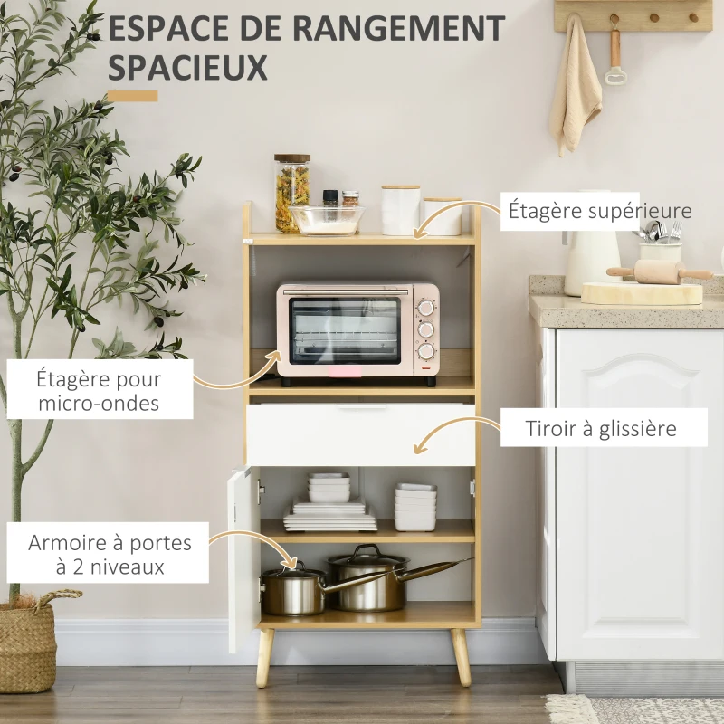 HOMCOM Meuble desserte de cuisine pour micro-ondes avec placard tiroir étagère réglable 58 x 40 x 118 cm naturel et blanc(m-4)