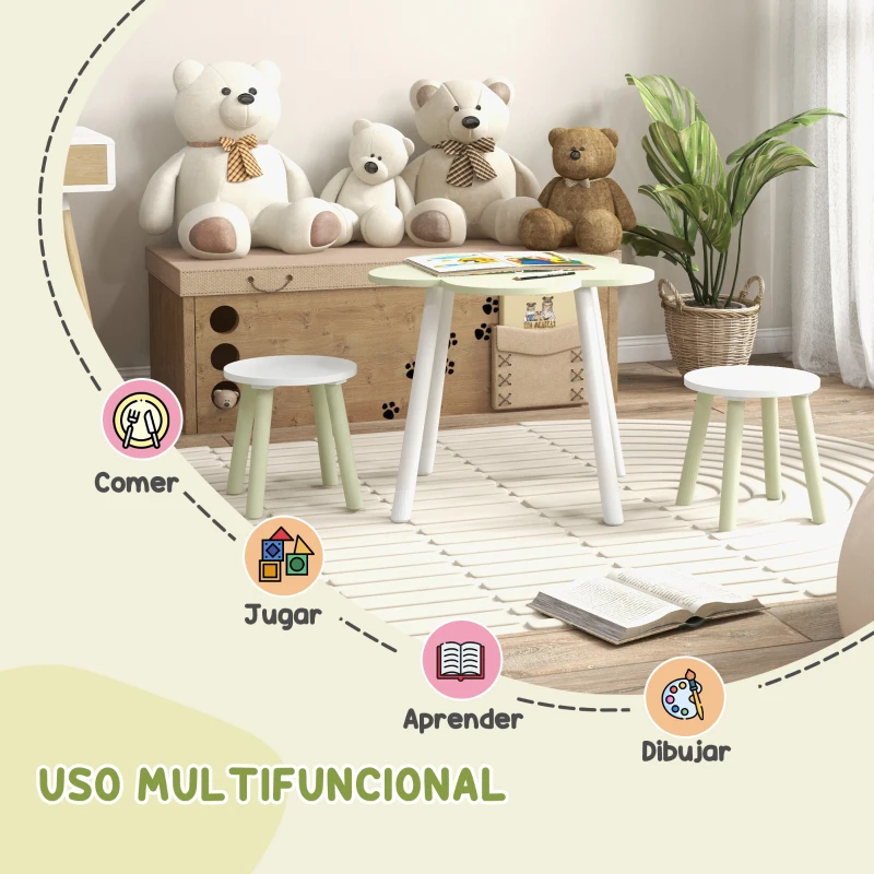 ZONEKIZ Mesa con 2 Sillas para Niños de 2-5 Años con Mesa en Forma de Flores Ø59x50 cm y Sillas Ø28x26 cm Verde Pastel y Blanco