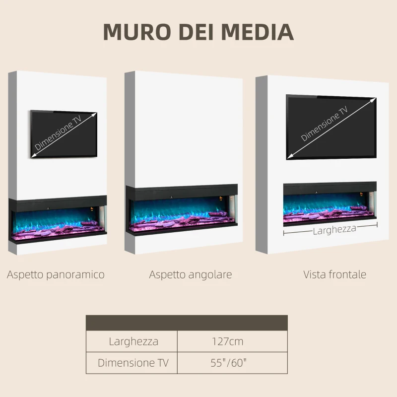 HOMCOM Camino Elettrico da Incasso e Parete 1800W con Fiamme Colorate LED Regolabili, Temperatura fino 40°C, Nero