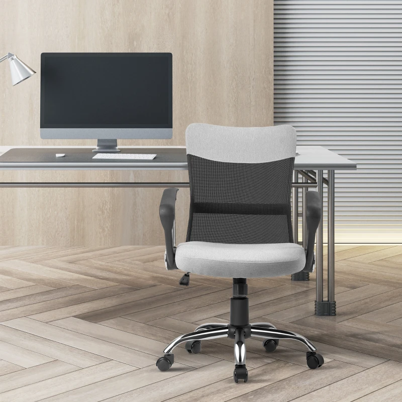 Vinsetto Silla de Oficina Ergonómica Silla de Escritorio Basculante y Giratoria con Altura Ajustable del Asiento Reposabrazos y Ruedas 60x66x91-101 cm Gris