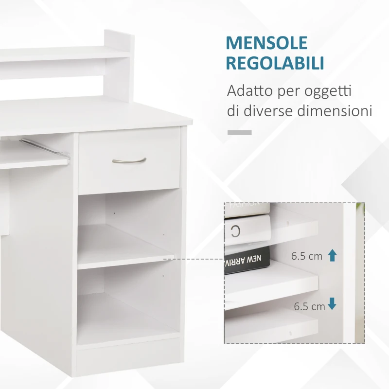 HOMCOM Scrivania per Computer Compatta, Scrivania PC Fisso in Legno Bianco con Ripiano Tastiera Estraibile e Mensole 104x48x95.5cm