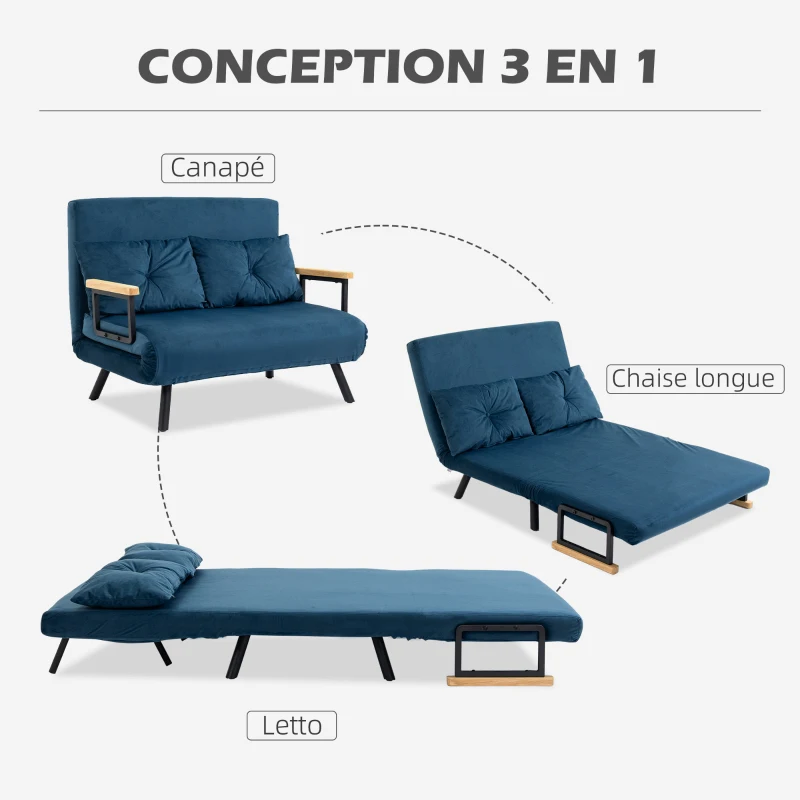 HOMCOM Canapé convertible 2 places avec dossier réglable à 5 niveaux et 2 coussins rembourrés, revêtement effet velours, bleu