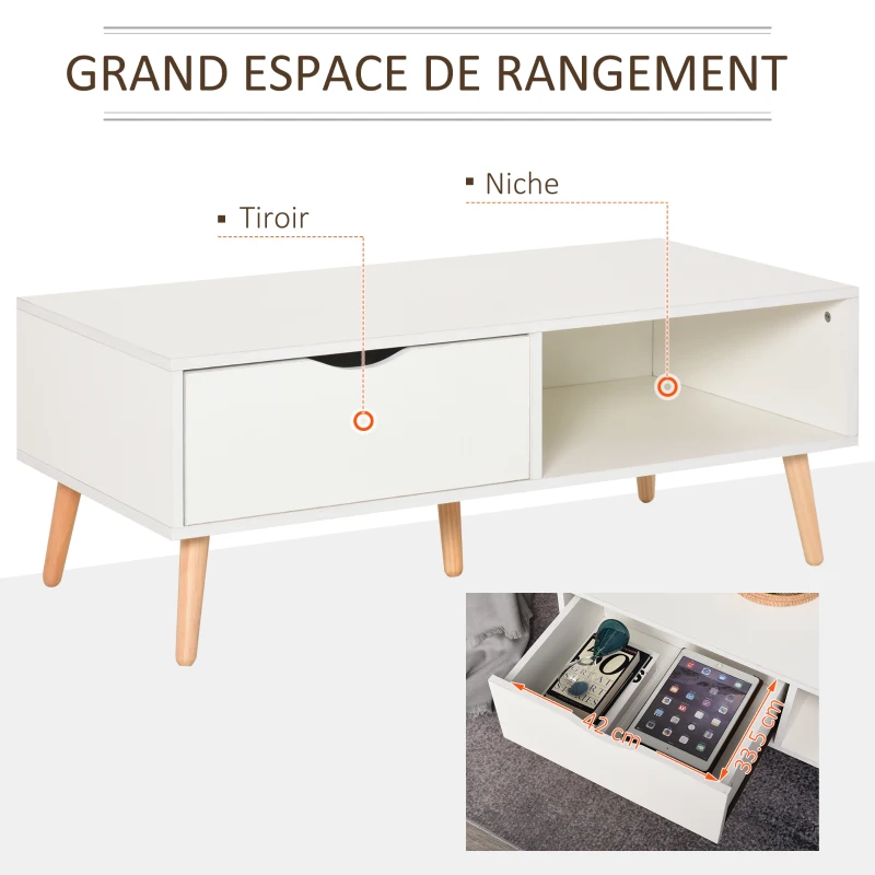 HOMCOM Table Basse rectangulaire Design scandinave Grande Niche et tiroir Coulissant Bois Massif pin Panneaux Particules Blanc